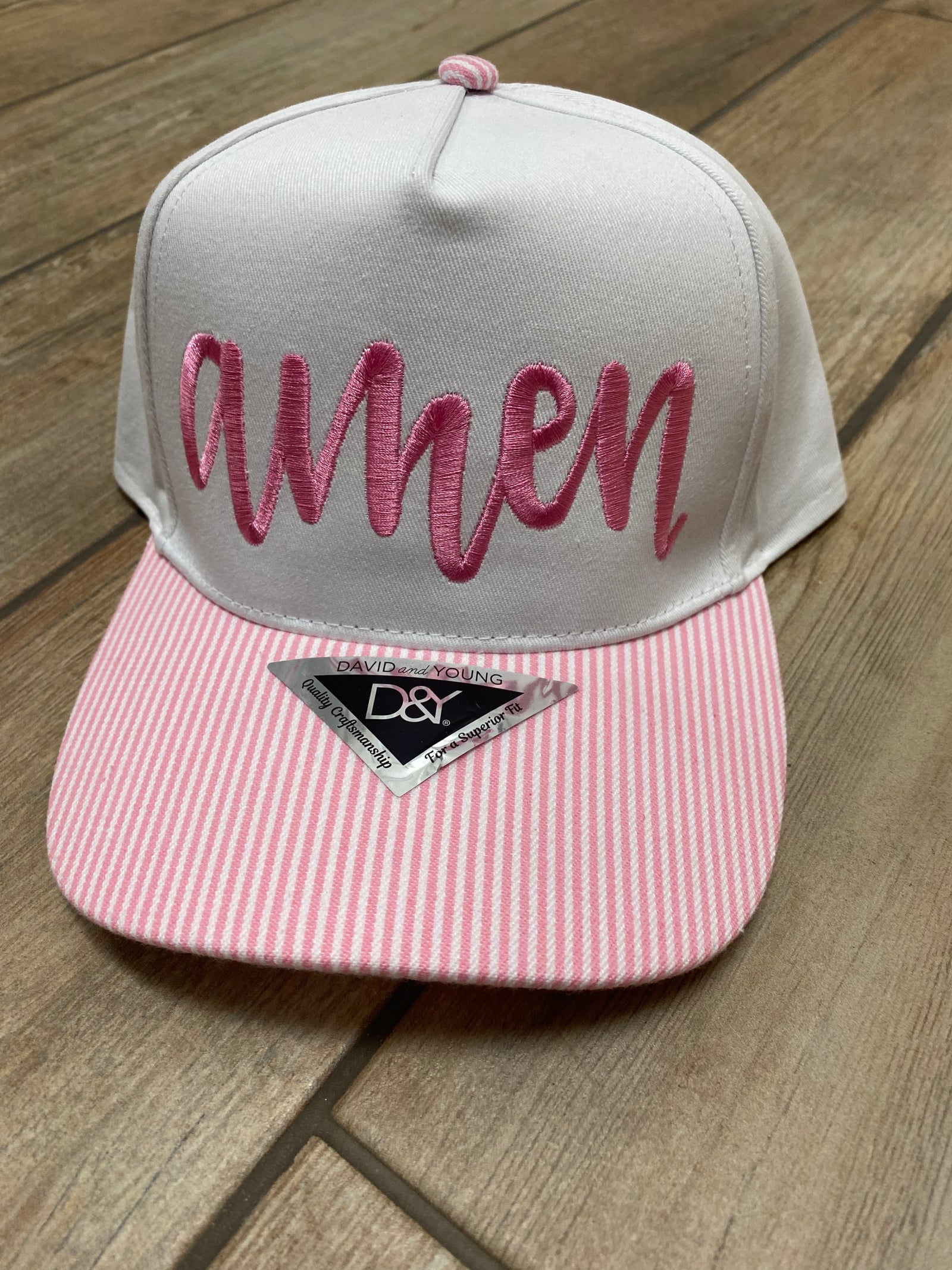 Amen Script Hat in Pink and White Striped