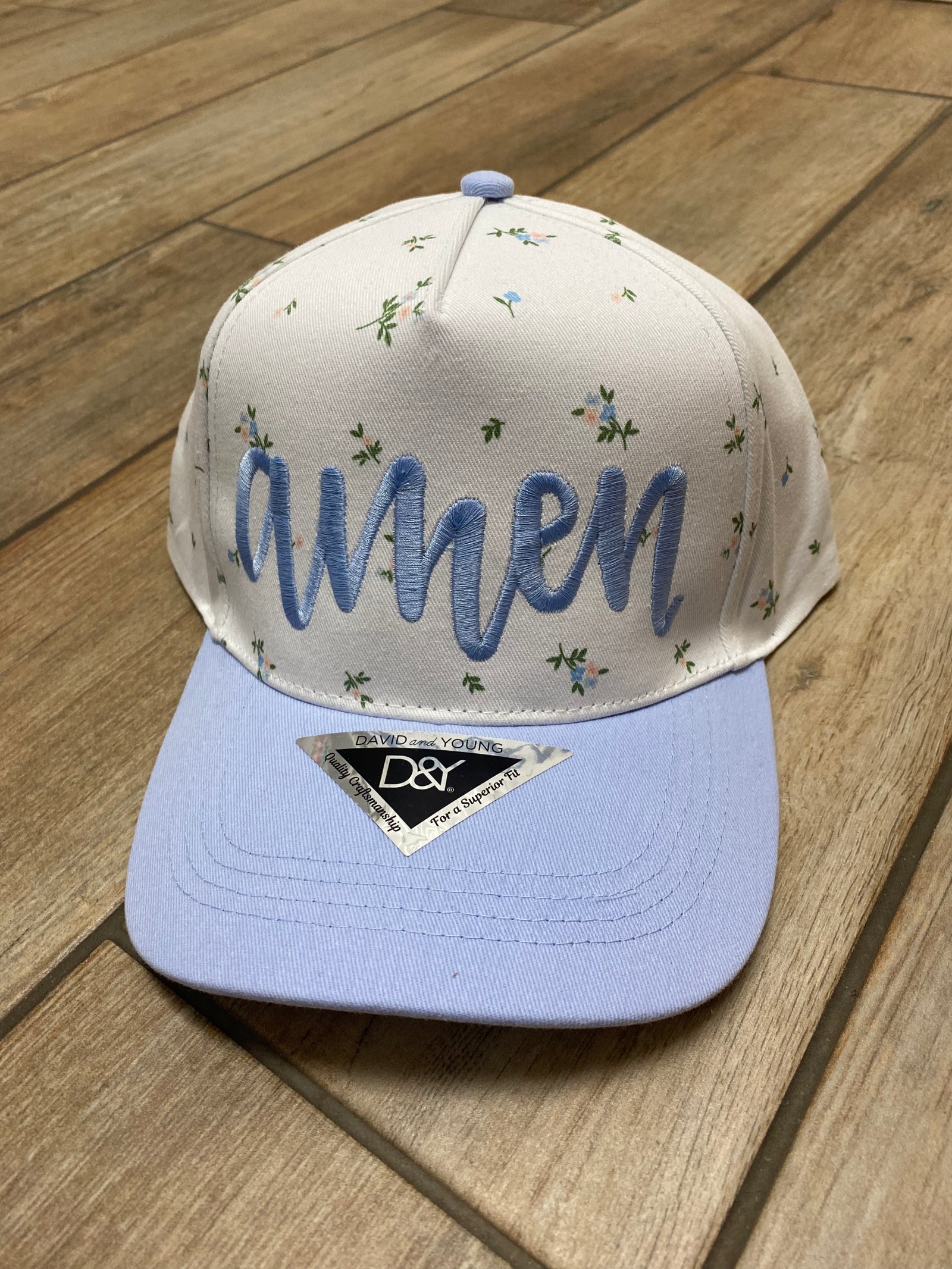 Amen Script Floral Hat in Baby Blue