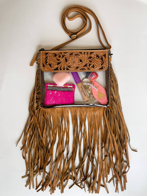Hand Tooled Clear Purse Crossbody with Fringe