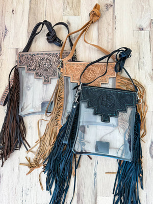 Shayne Hand Tooled Clear Crossbody Concert Bag with Fringe