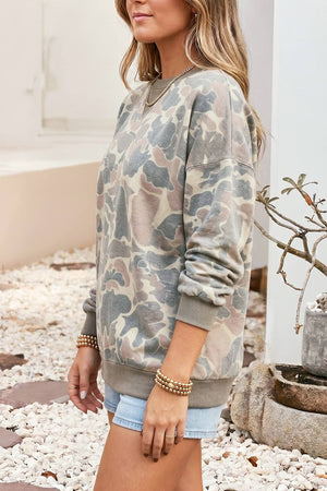 Camouflage Print Ribbed Trim Casual Pullover Sweatshirt