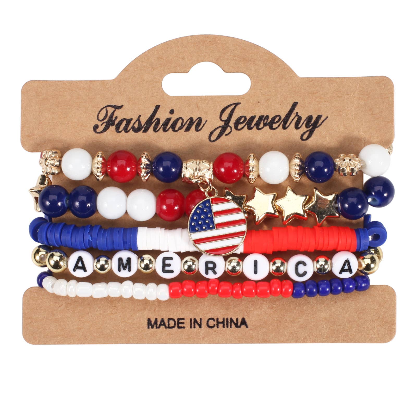 America 4th of July Red White Blue Flag Beaded Bracelet Set
