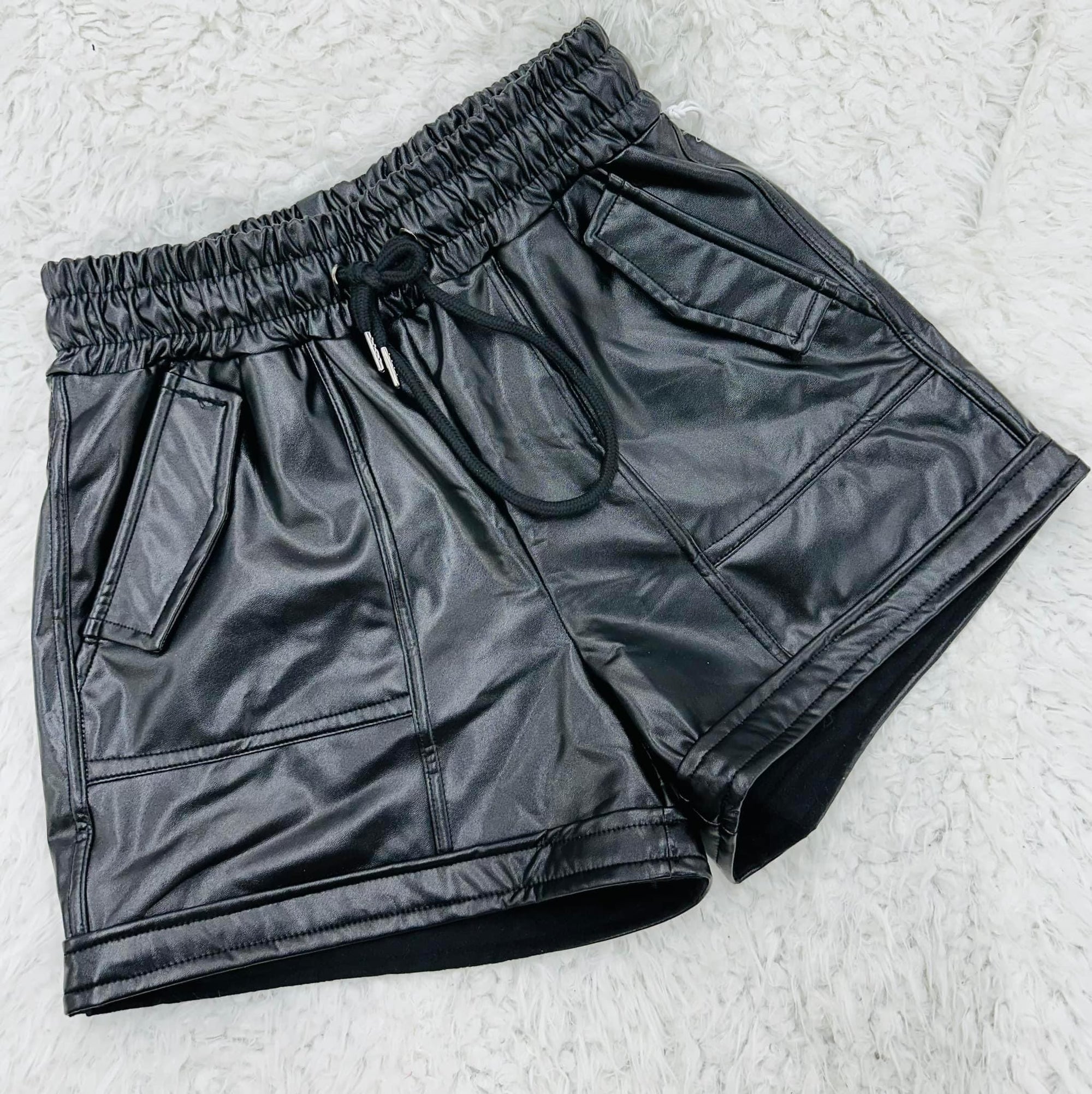 Black Faux Leather Shorts with Pockets