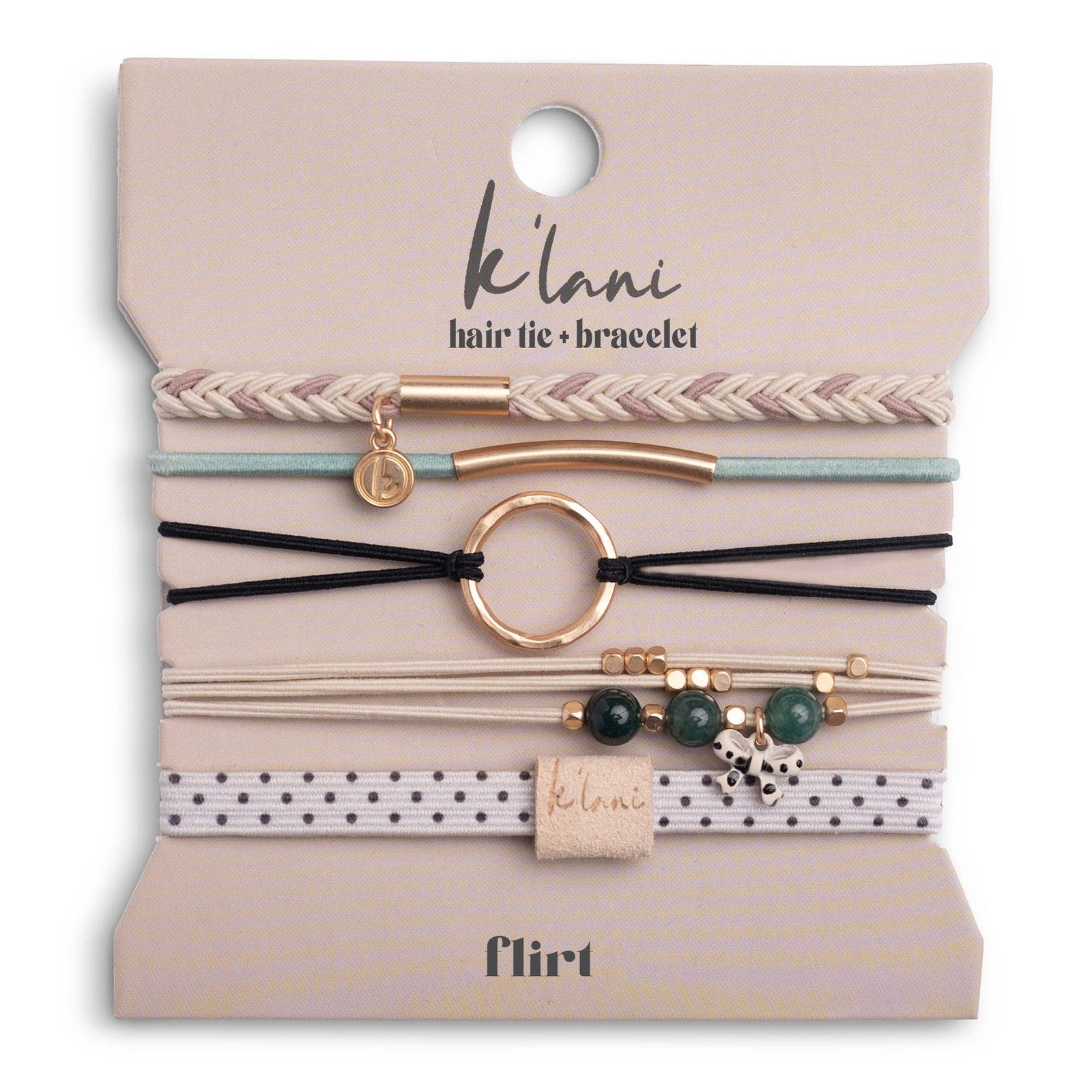 "Flirt" Polka Dot in Cream & Black with Green Accent Hair Tie + Bracelets