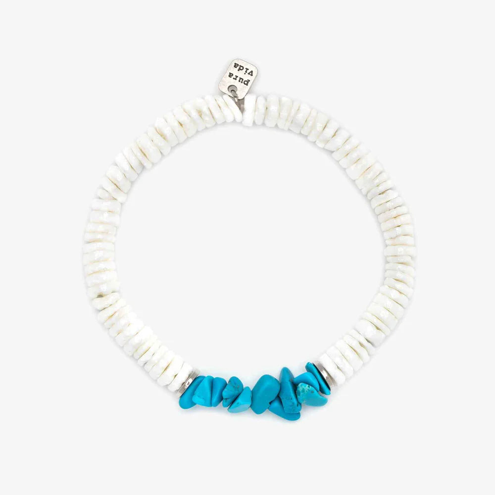 Pura Vida Puka & Turq Chip Silver Stretch Bracelet White