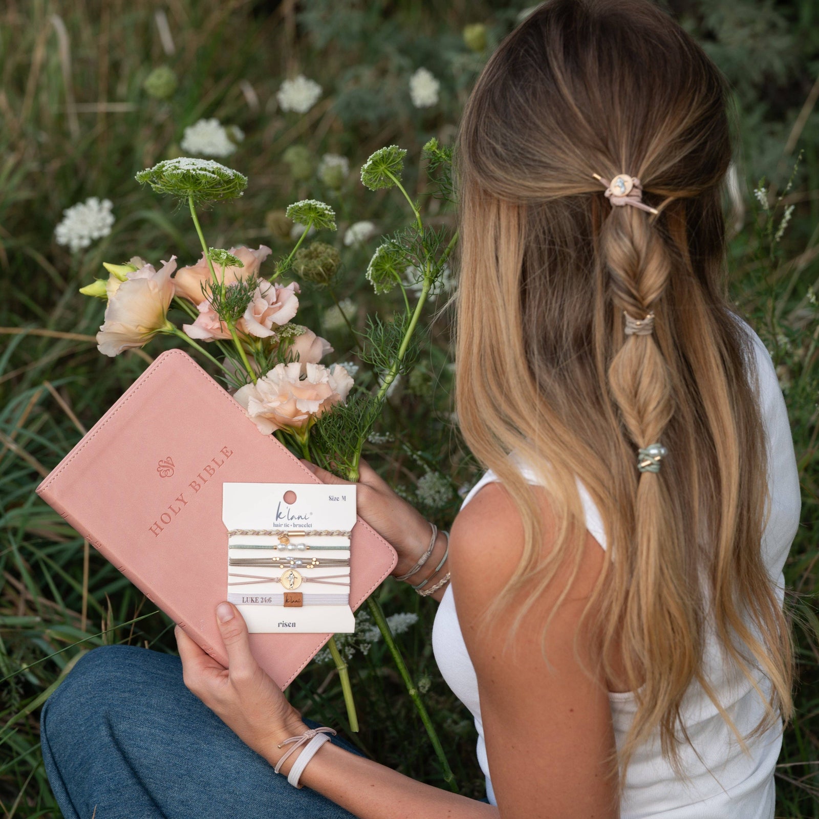"Risen" Warm Neutrals with Gold Christus Hair Tie + Bracelets