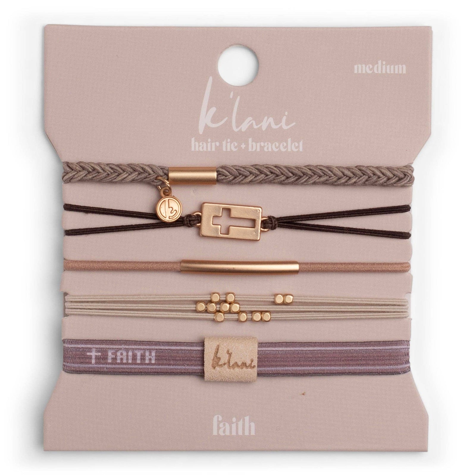 "Faith" Warm Neutrals with Gold Cross Hair Tie + Bracelets