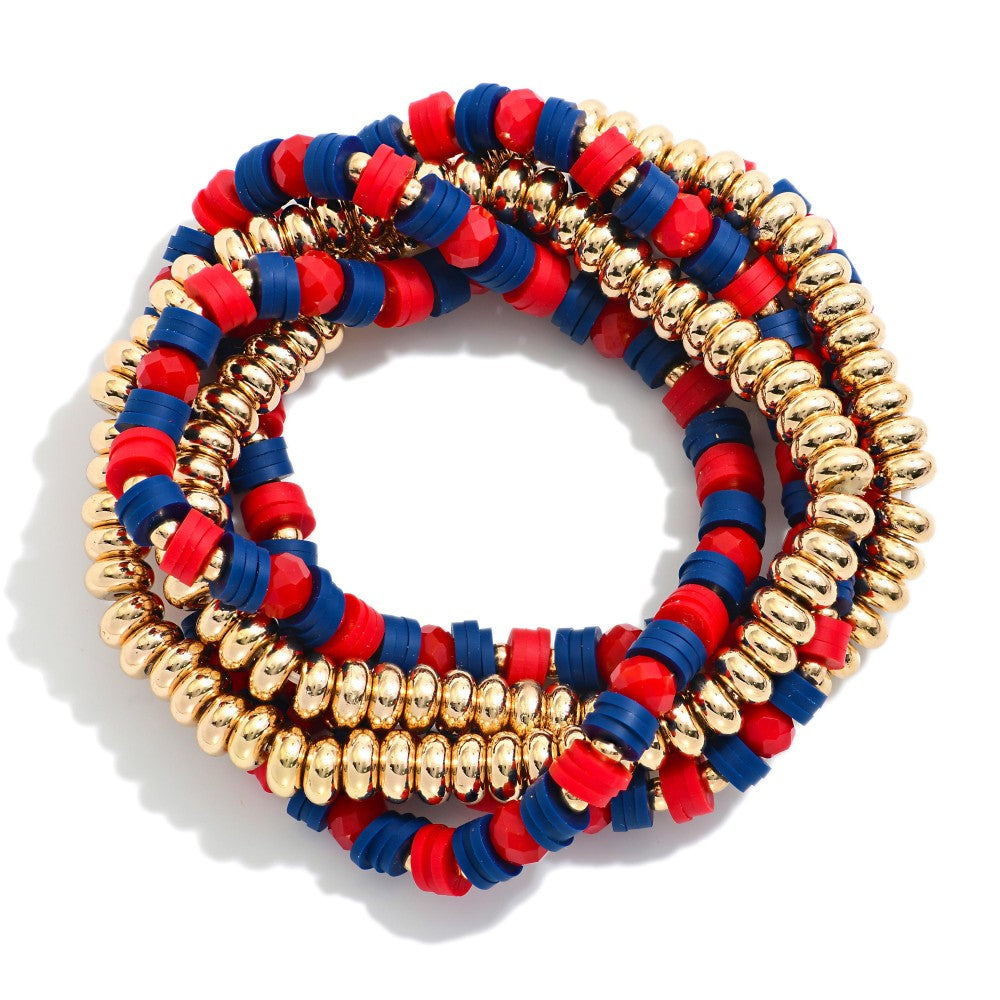 Red and Blue Discs & Gold Beads Bracelet Set