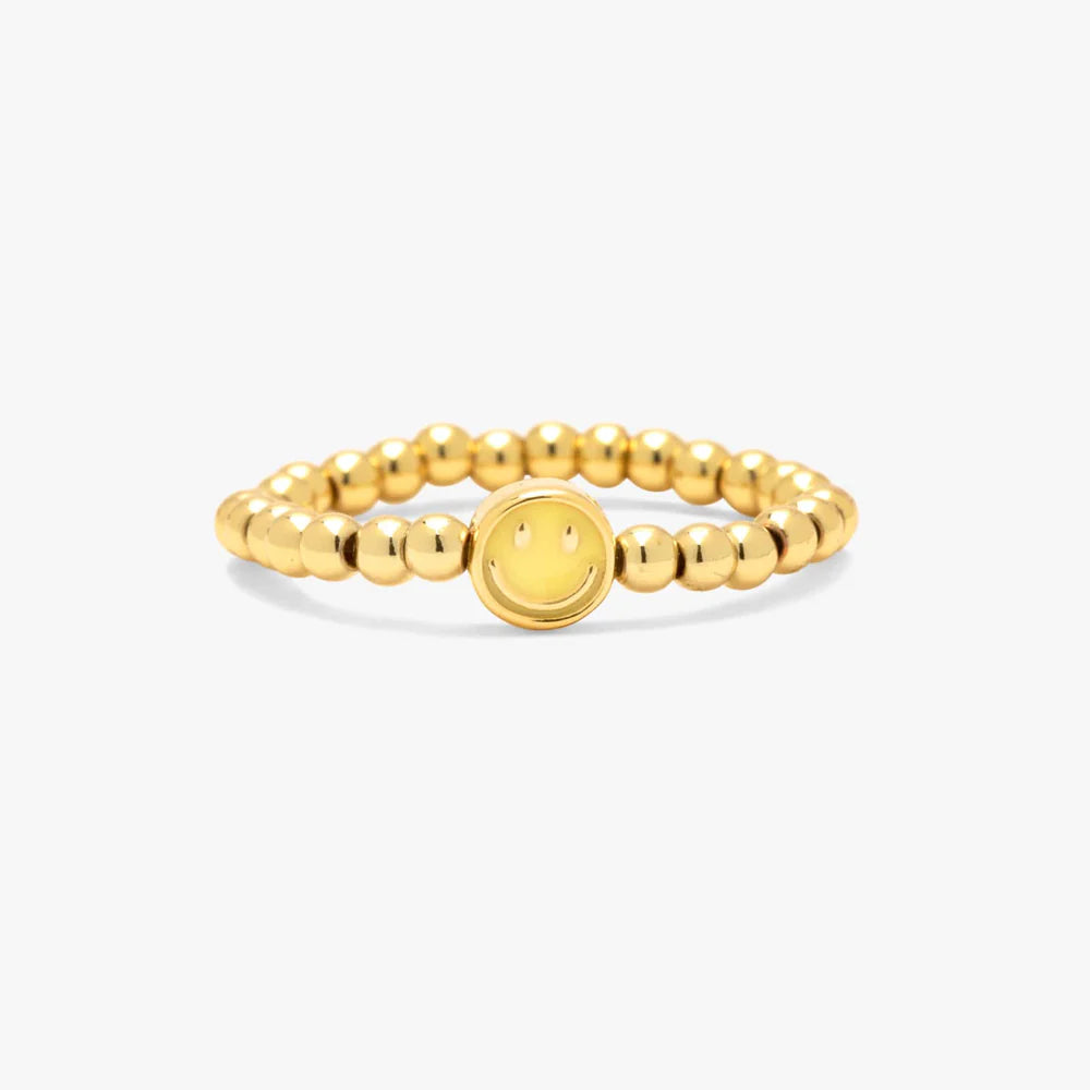 Pura Vida Happy Face Bead Stretch Ring Gold