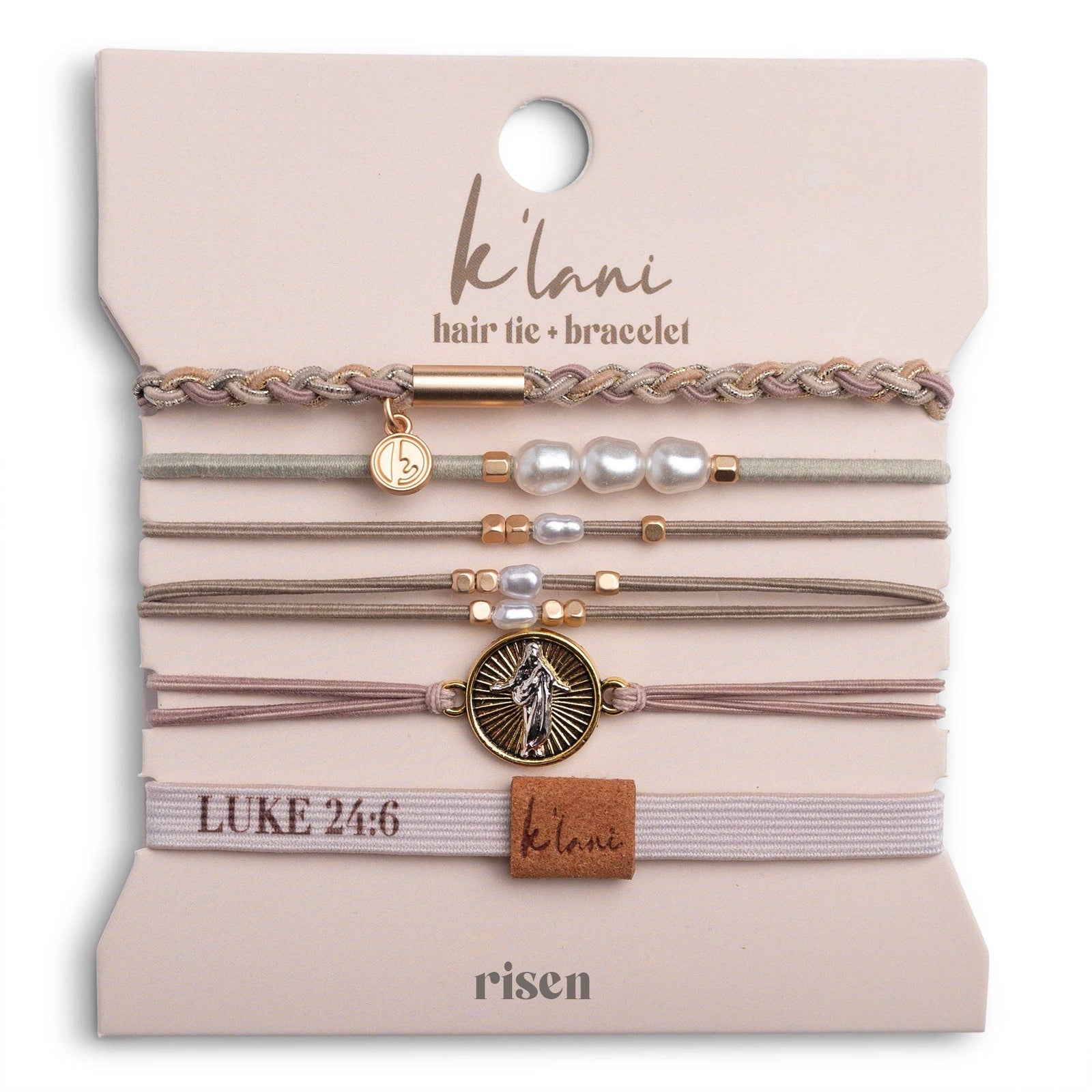 "Risen" Warm Neutrals with Gold Christus Hair Tie + Bracelets