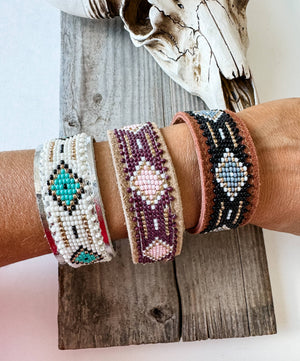 Western Aztec Pattern Seed Bead Leather Cuff Bracelet: WHITE + TURQUOISE