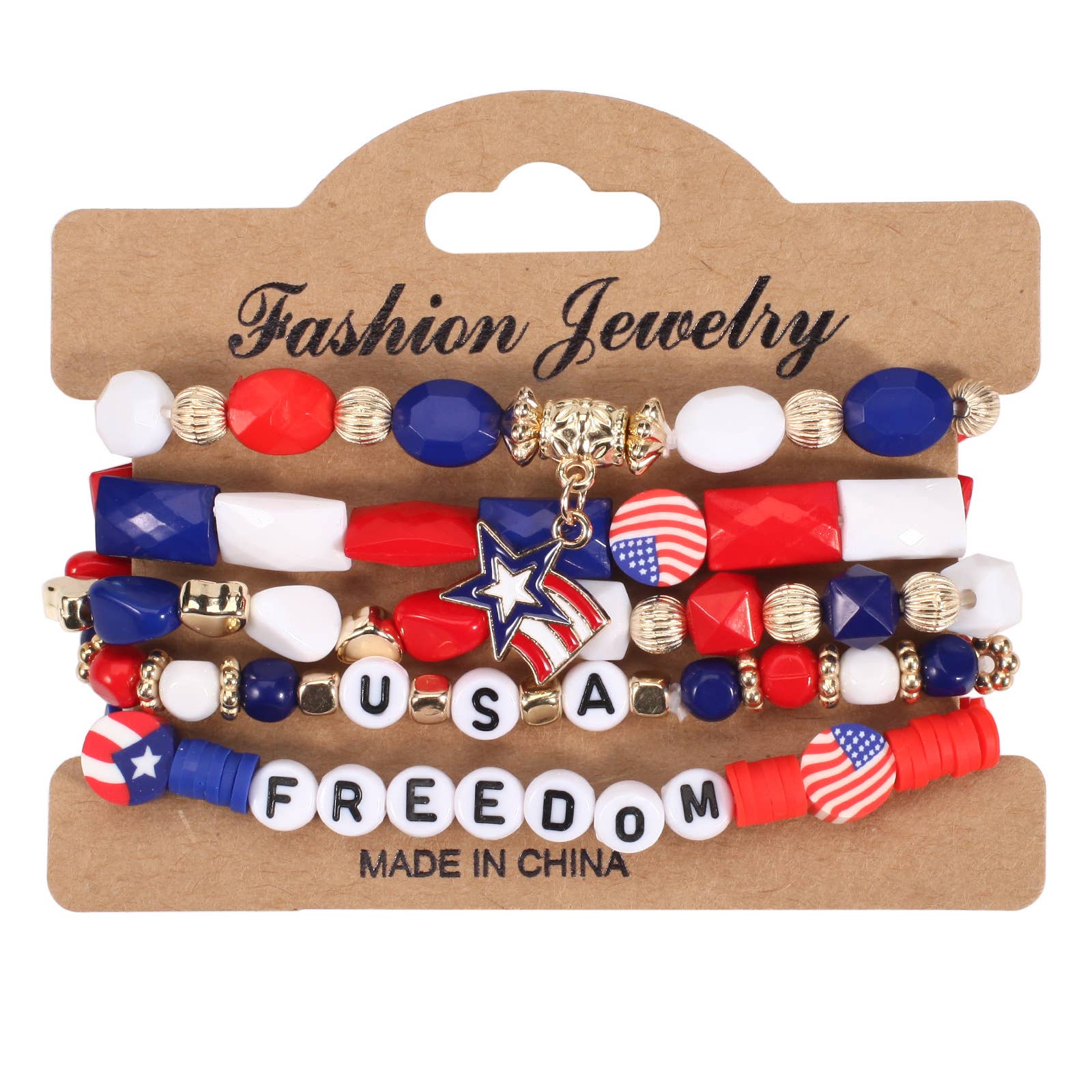 USA Freedom 4th of July Red White Blue Flag Beaded Bracelet Set