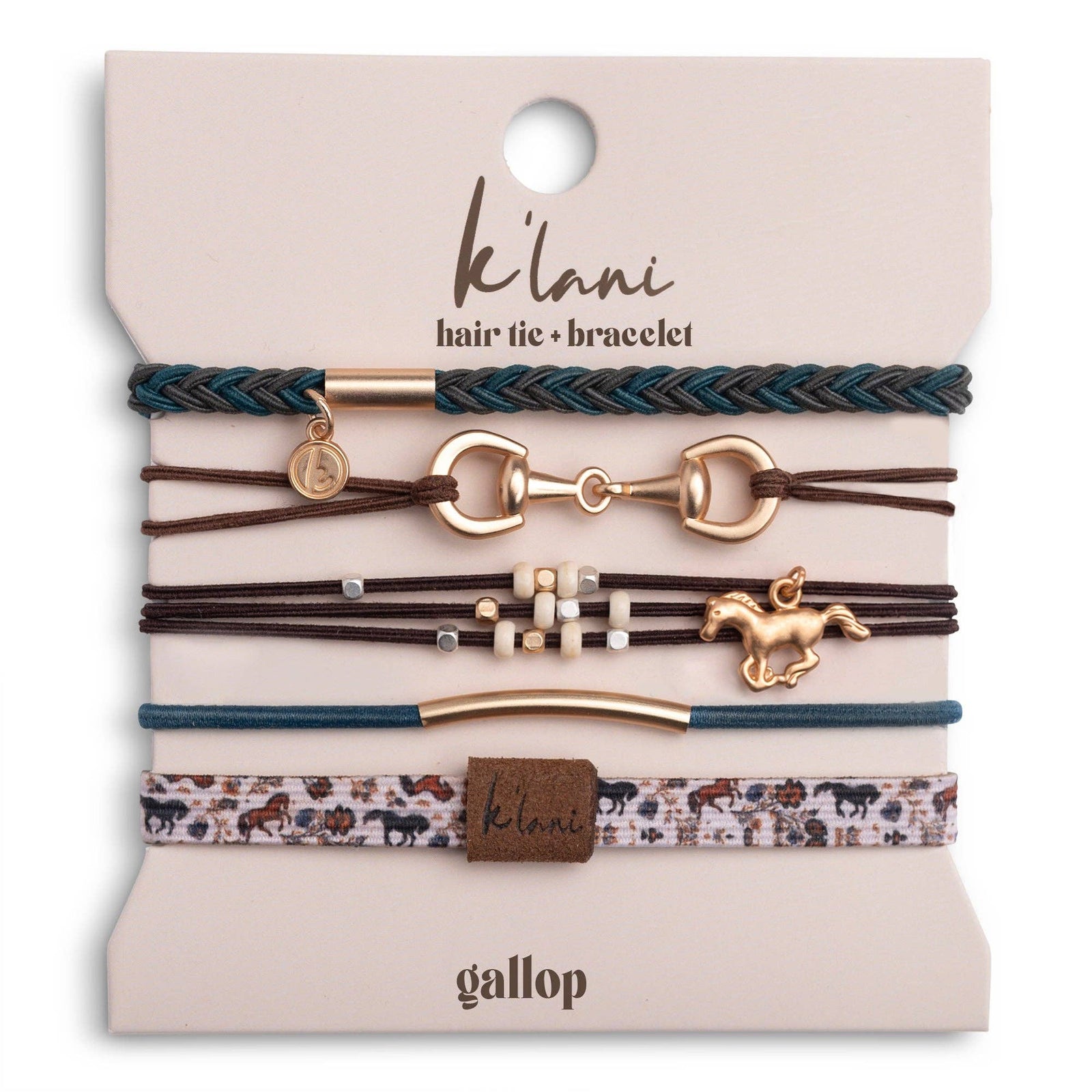 "Gallop" Horse & Bit Equestrian Accents in Rich Brown & Blue Hair Tie + Bracelets