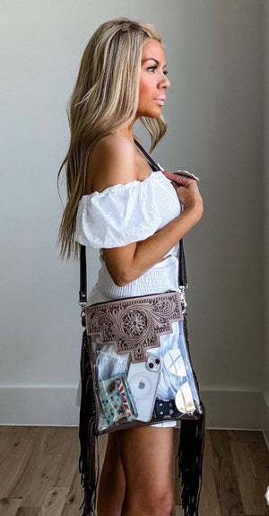 Shayne Hand Tooled Clear Crossbody Concert Bag with Fringe