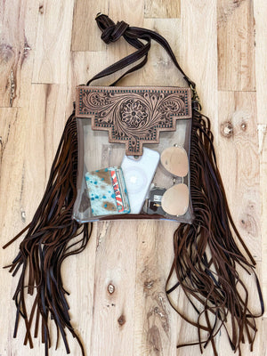 Shayne Hand Tooled Clear Crossbody Concert Bag with Fringe