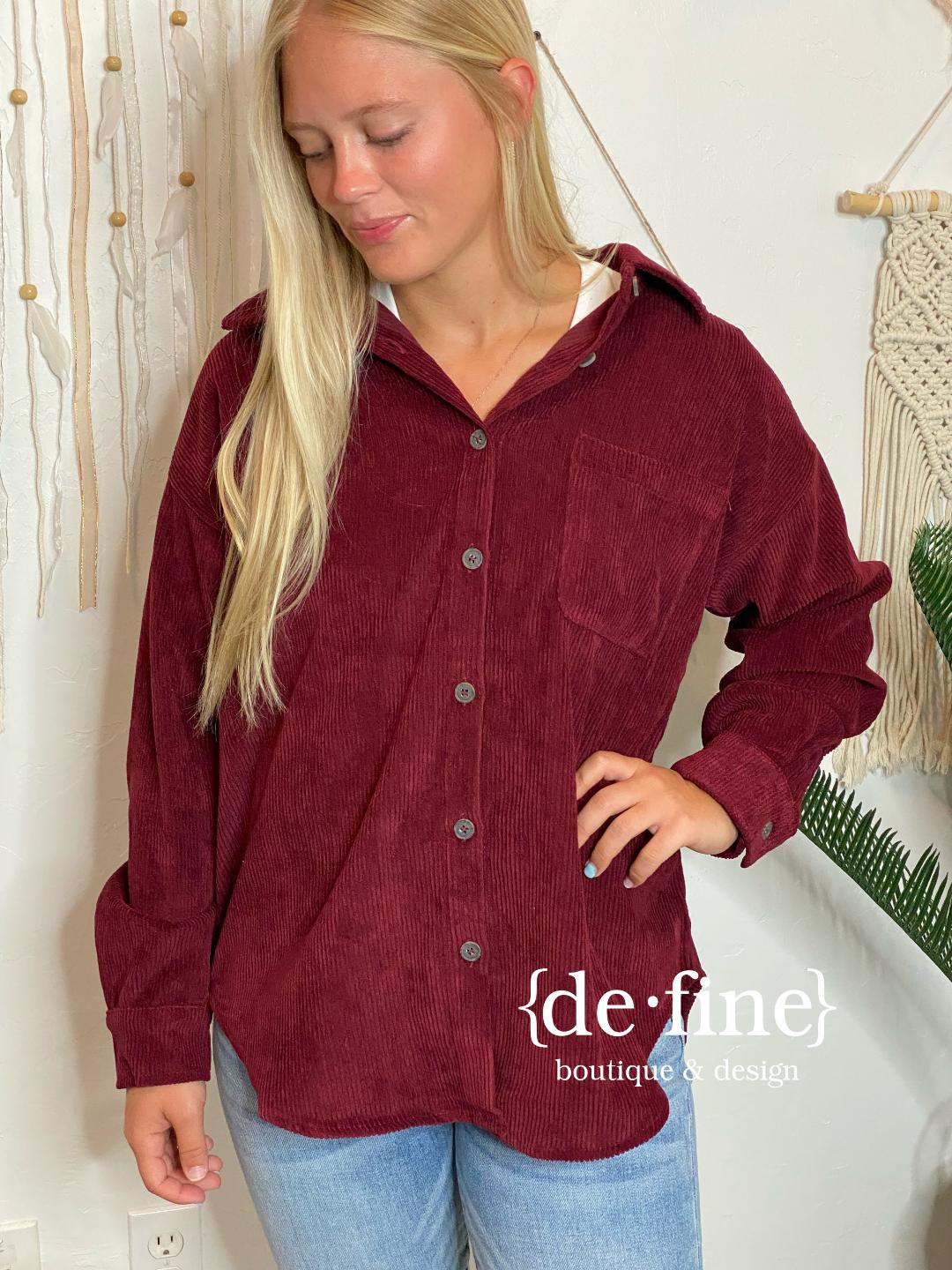 Burgundy Corduroy Shacket - Great for Game Day! Regular & Curvy