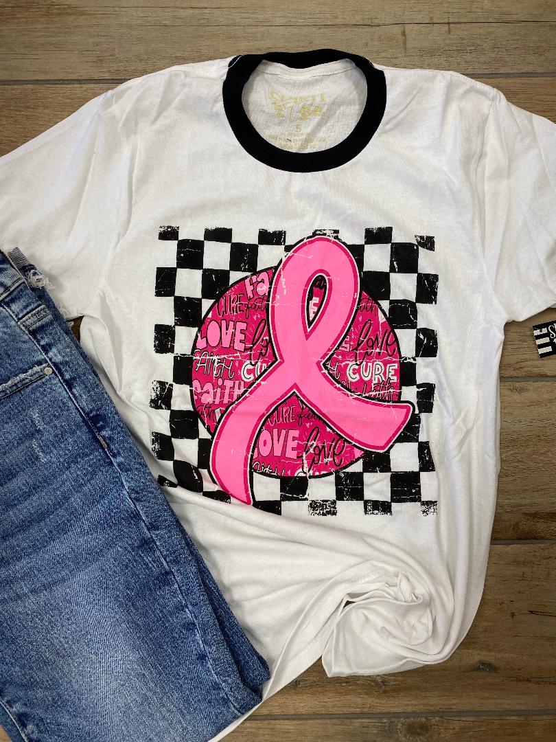 Checkered W/ Cancer Ribbon Ringer Graphic Tee