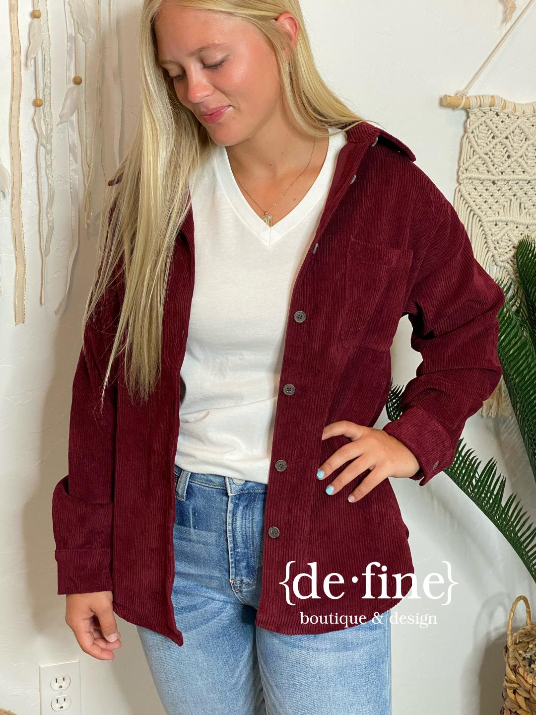 Burgundy Corduroy Shacket - Great for Game Day! Regular & Curvy