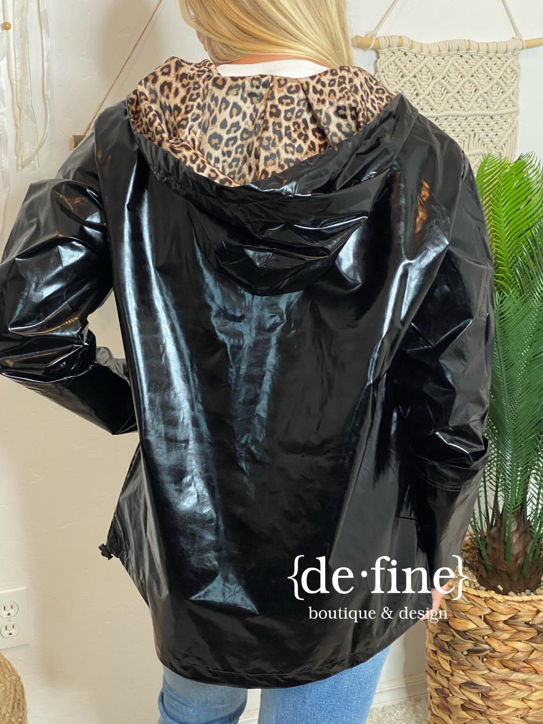 Shiny Black Jacket with Leopard Lining