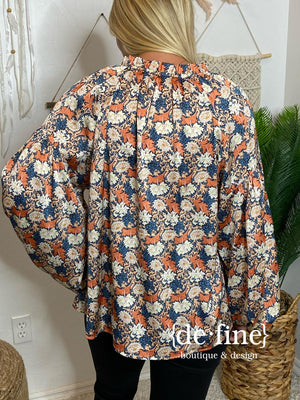 Rust, Navy and Metallic Gold Floral Blouse