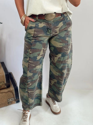 Risen Camo Mid Rise Crop Barrel Jeans