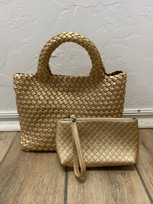 Small Woven Leather Bag with Cosmetic Bag & Crossbody Strap