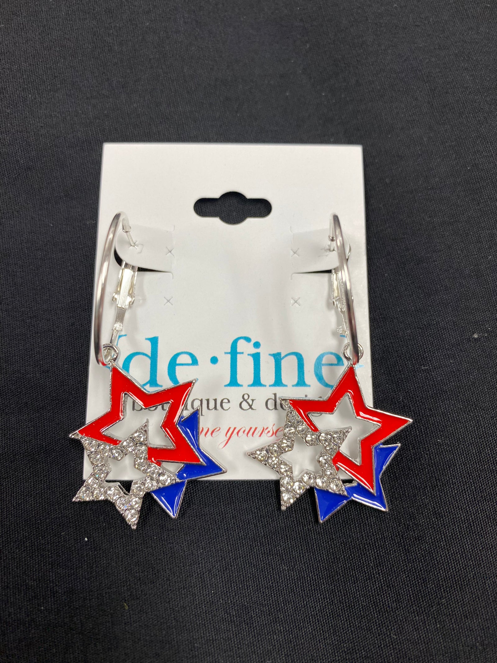 Red White Blue Stacked Rhinestone Stars Patriotic Earrings