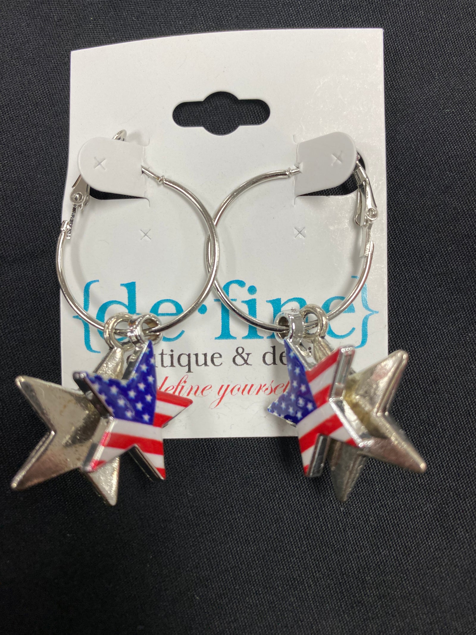 Flag and Silver Stars on Hoop Patriotic Earrings