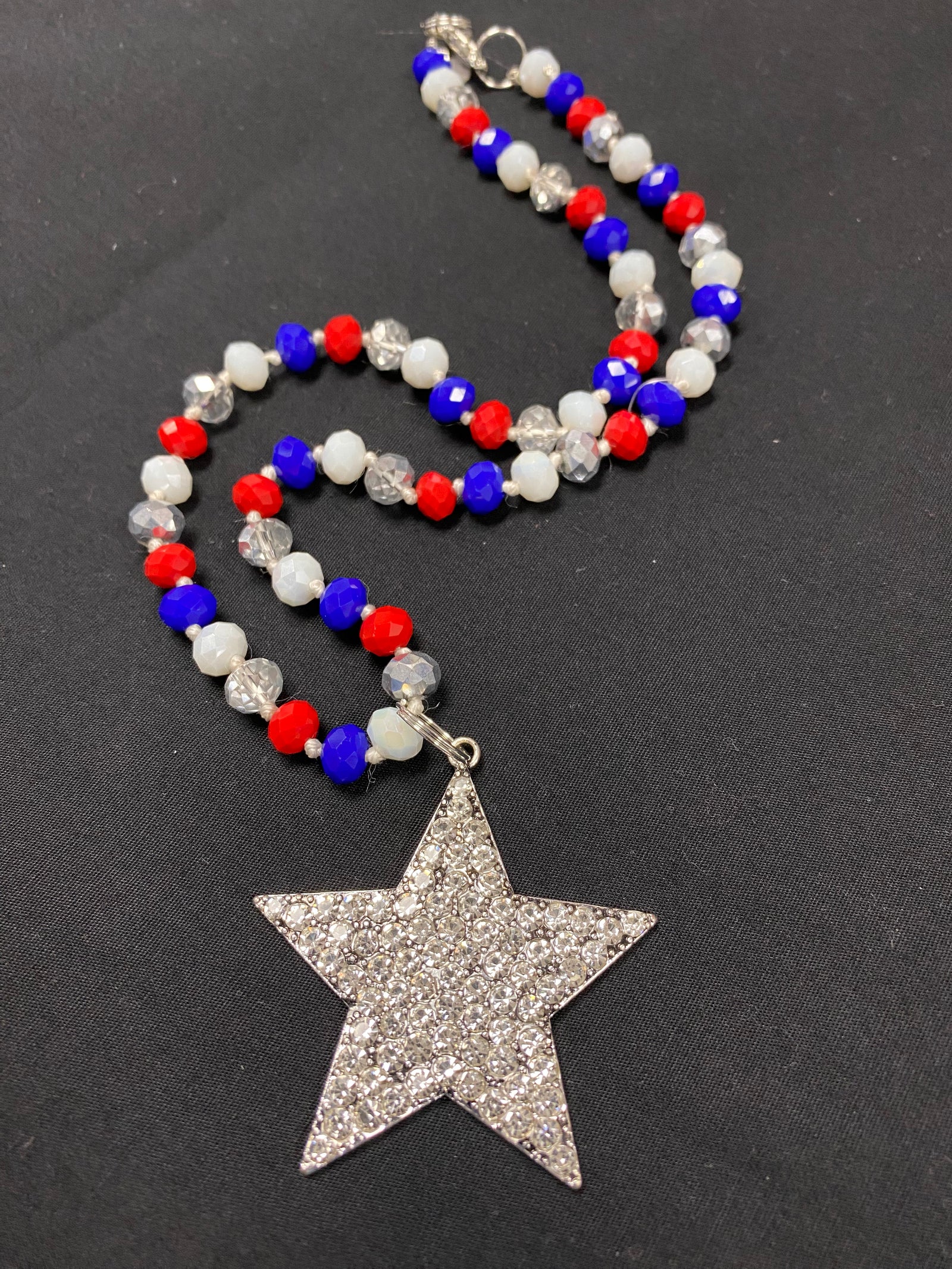 Rhinestone Star Necklace with Red White and Blue Beads