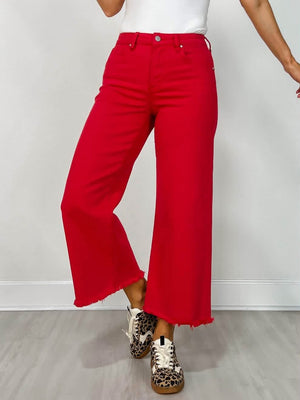 Risen Scarlet Red Tummy Control HR Wide Crop Jeans