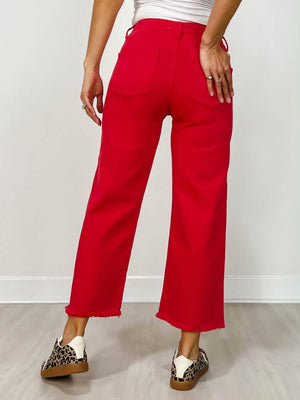 Risen Scarlet Red Tummy Control HR Wide Crop Jeans
