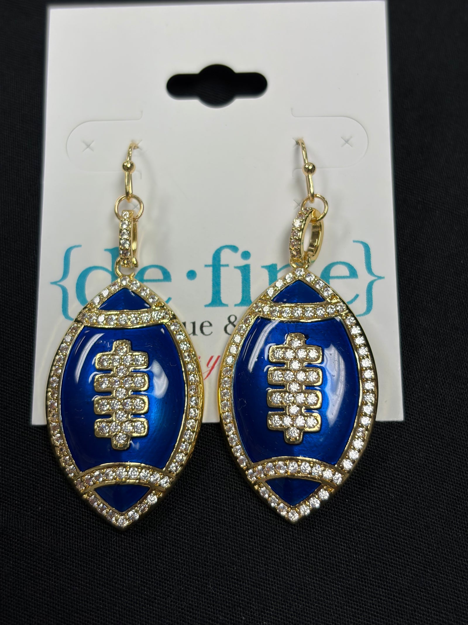 Blue Rhinestone Football Earrings