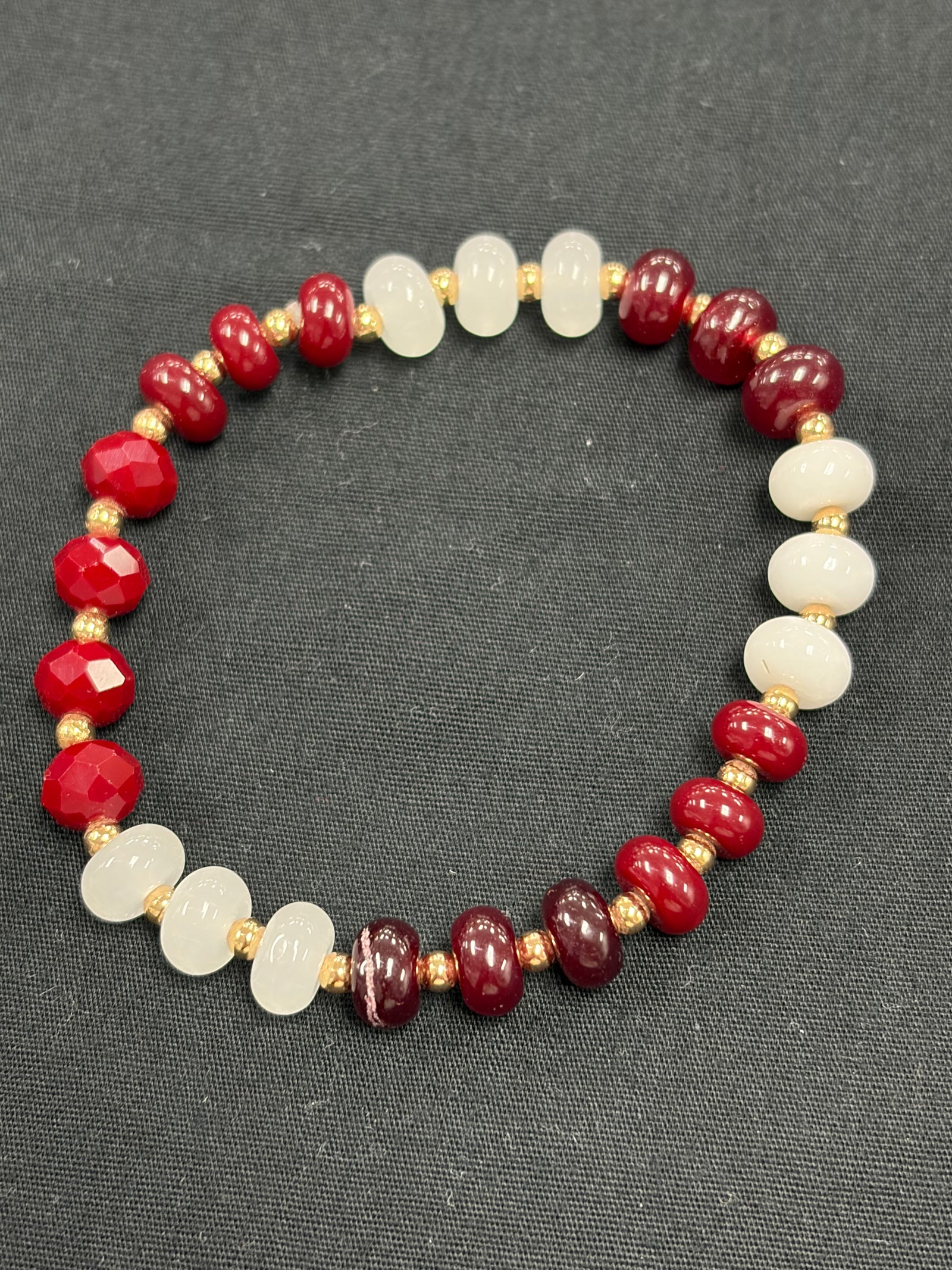 Burgundy and White Beaded Stretch Bracelet