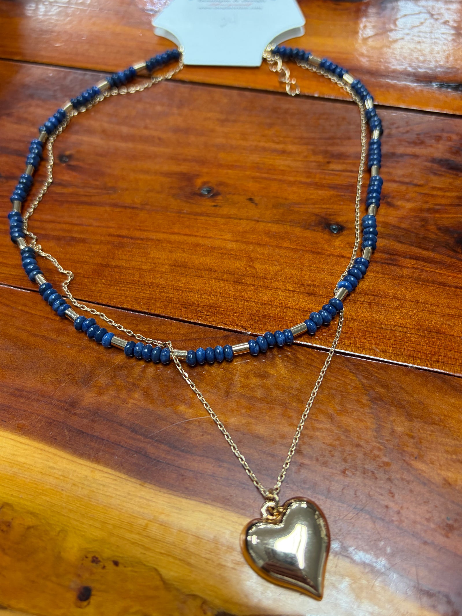 Navy and Gold Seedbead Layered Necklace with Gold Heart