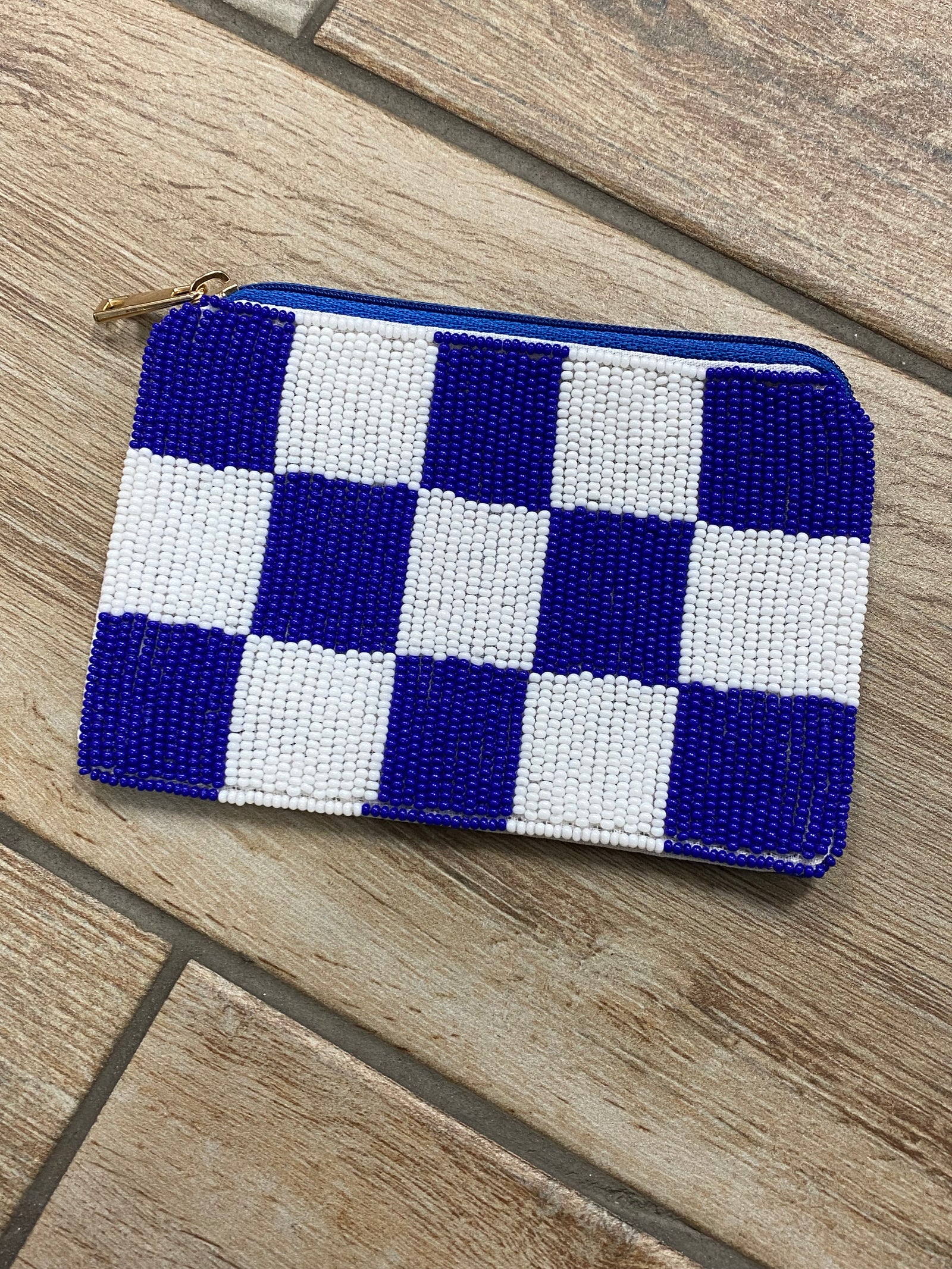 Blue and White Checker Beaded Bag