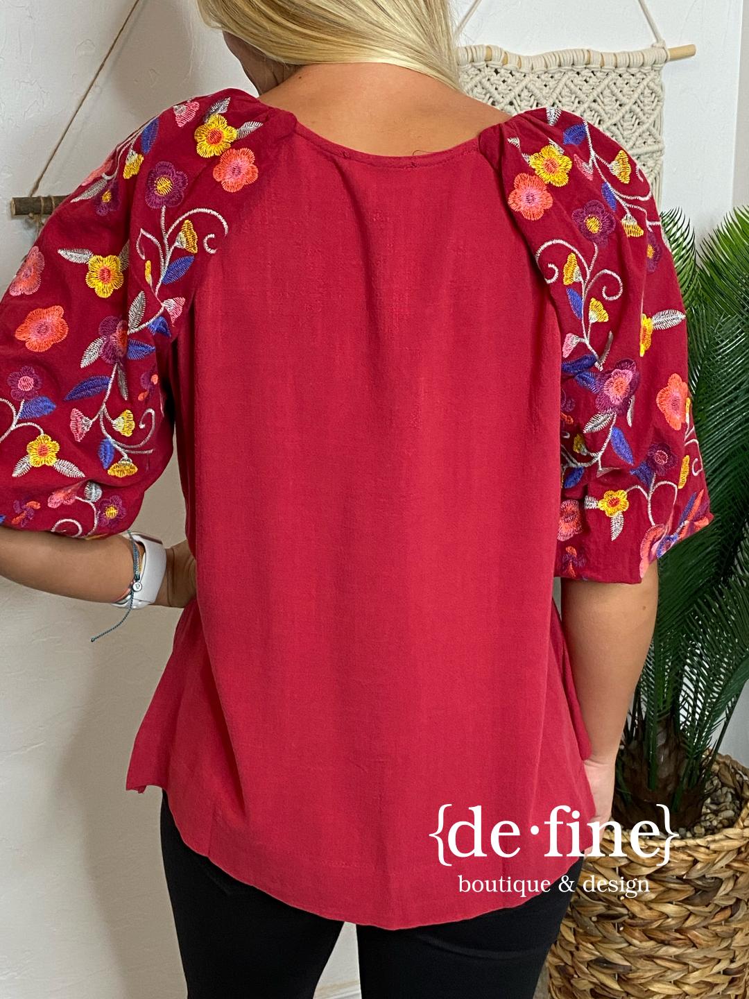 Blouse with Embroidered Sleeves in Crimson or Black