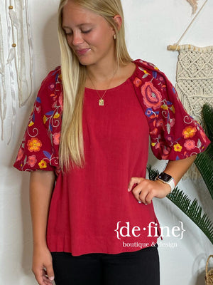 Blouse with Embroidered Sleeves in Crimson or Black