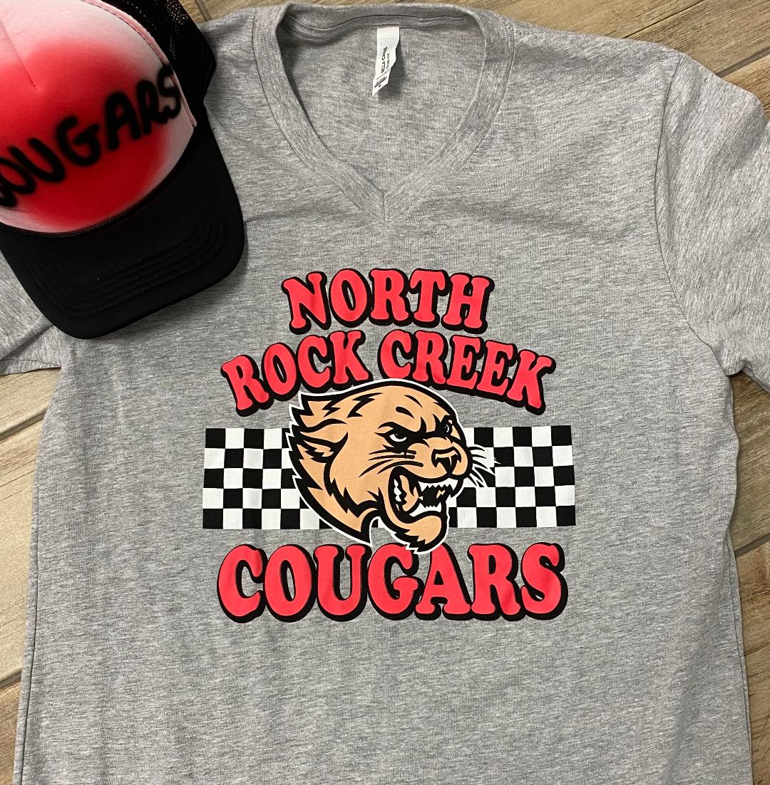 North Rock Creek Cougars Checkered Stripe Graphic Tee
