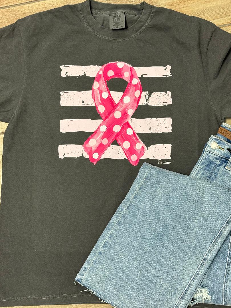 Pink Ribbon Dots and Stripes Graphic Tee