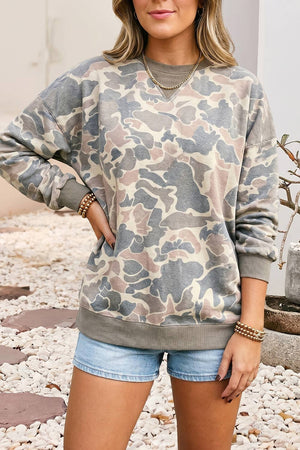 Camouflage Print Ribbed Trim Casual Pullover Sweatshirt