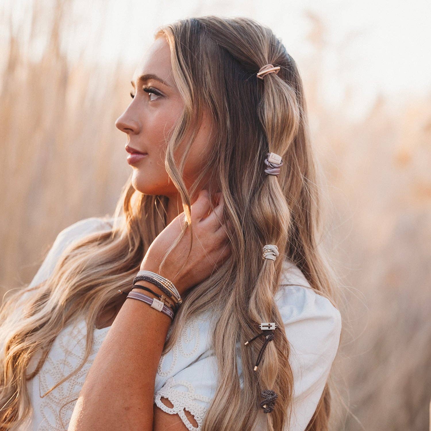 "Faith" Warm Neutrals with Gold Cross Hair Tie + Bracelets