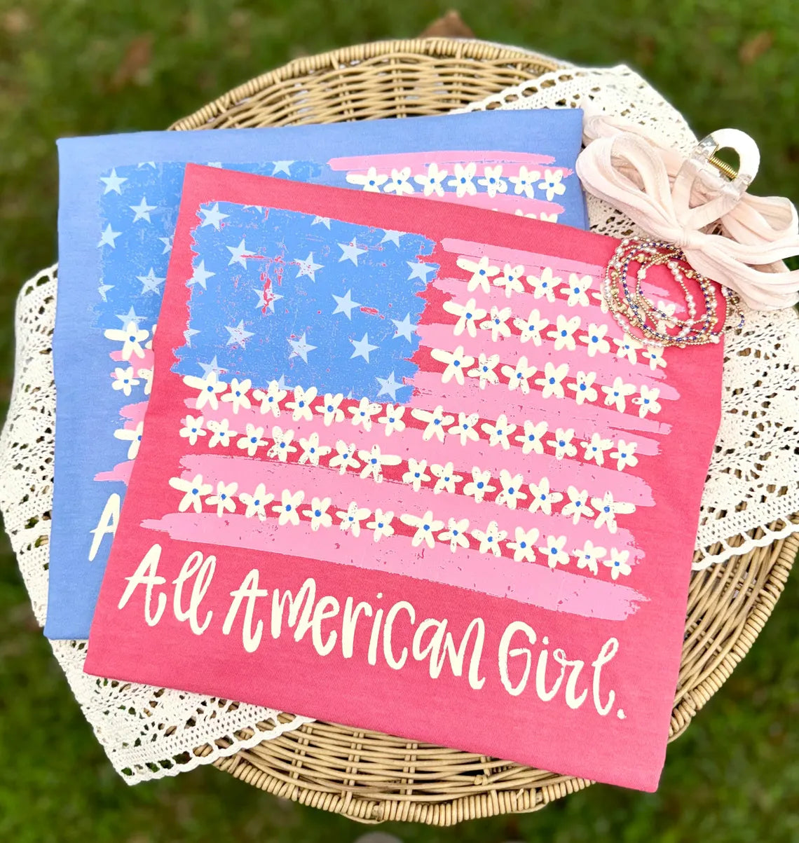All American Girl with Whimsy Flag Patriotic Graphic Tee