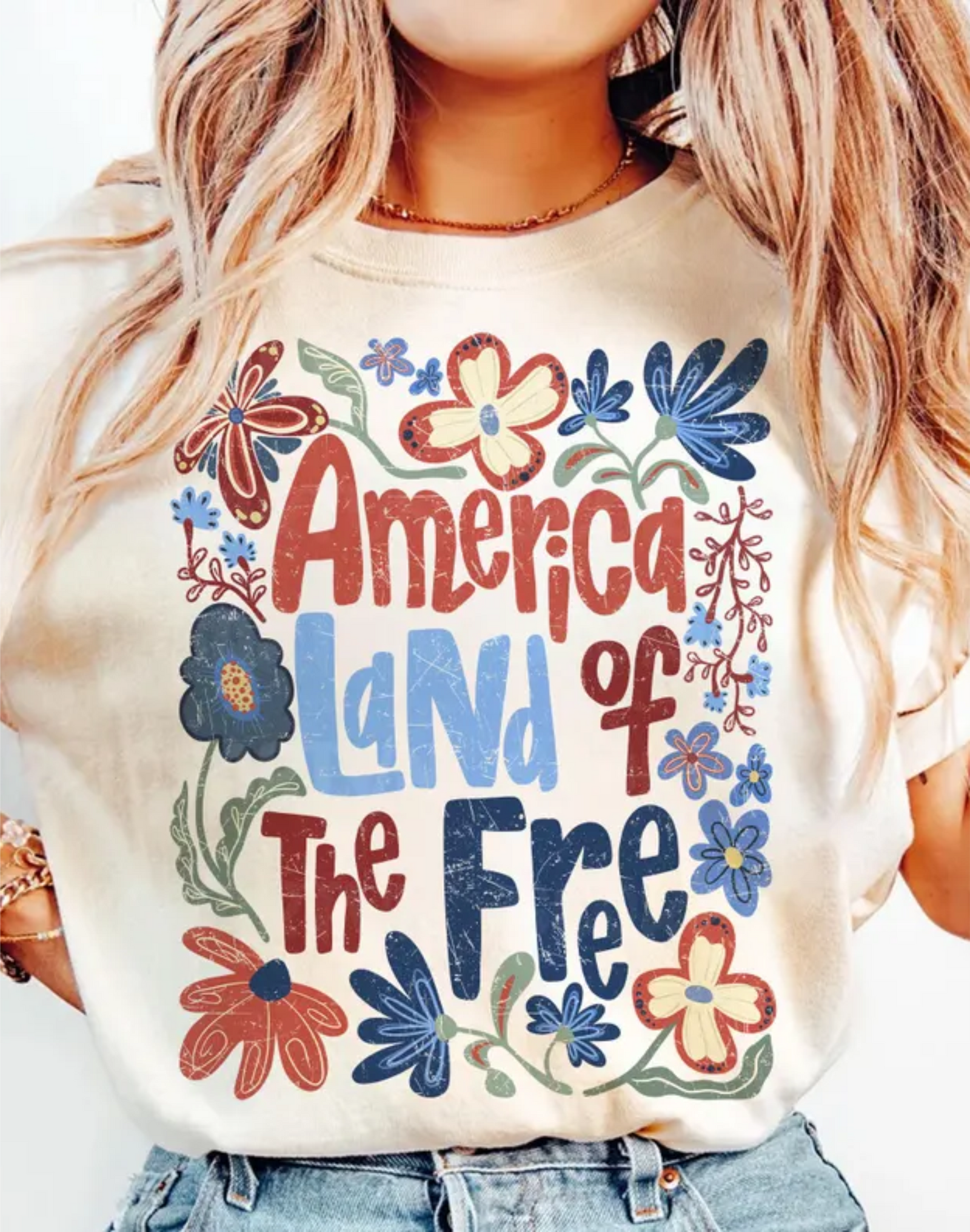 America Land of the Free Retro Floral Graphic Tee