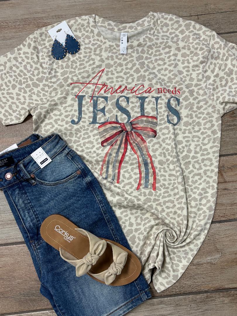 America Needs Jesus Leopard Graphic Tee