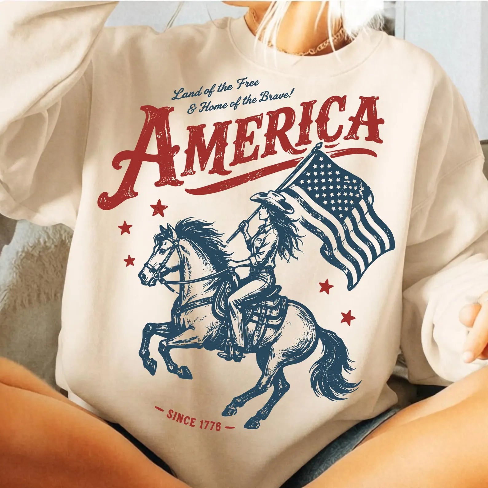 Vintage Cowgirl Rider America Patriotic Graphic Tee