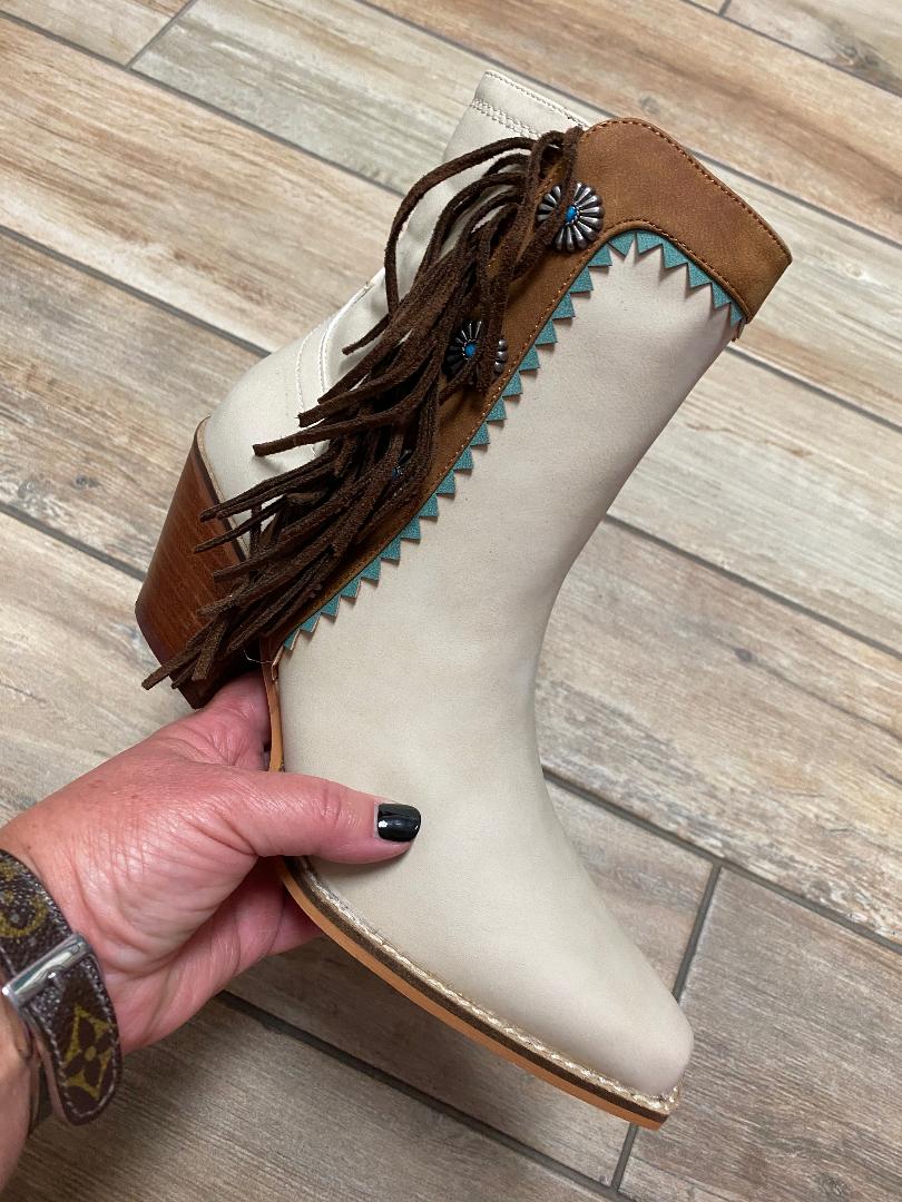 Arider Fringe Cream and Turquoise Denim Boots with Conchos