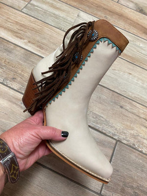 Arider Fringe Cream and Turquoise Denim Boots with Conchos