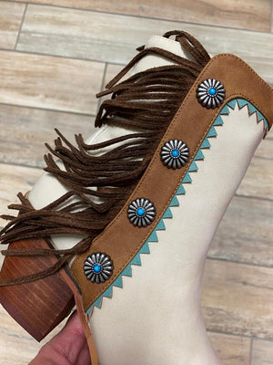 Arider Fringe Cream and Turquoise Denim Boots with Conchos
