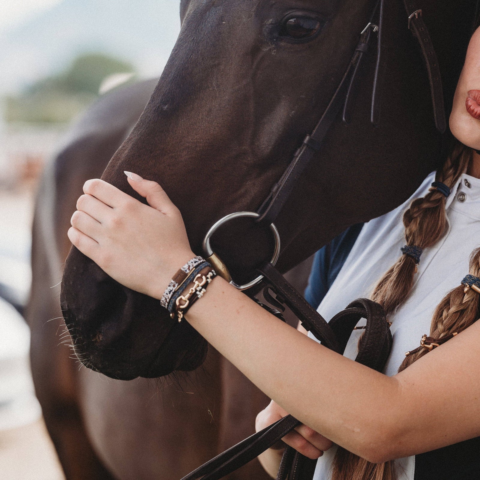 "Gallop" Horse & Bit Equestrian Accents in Rich Brown & Blue Hair Tie + Bracelets