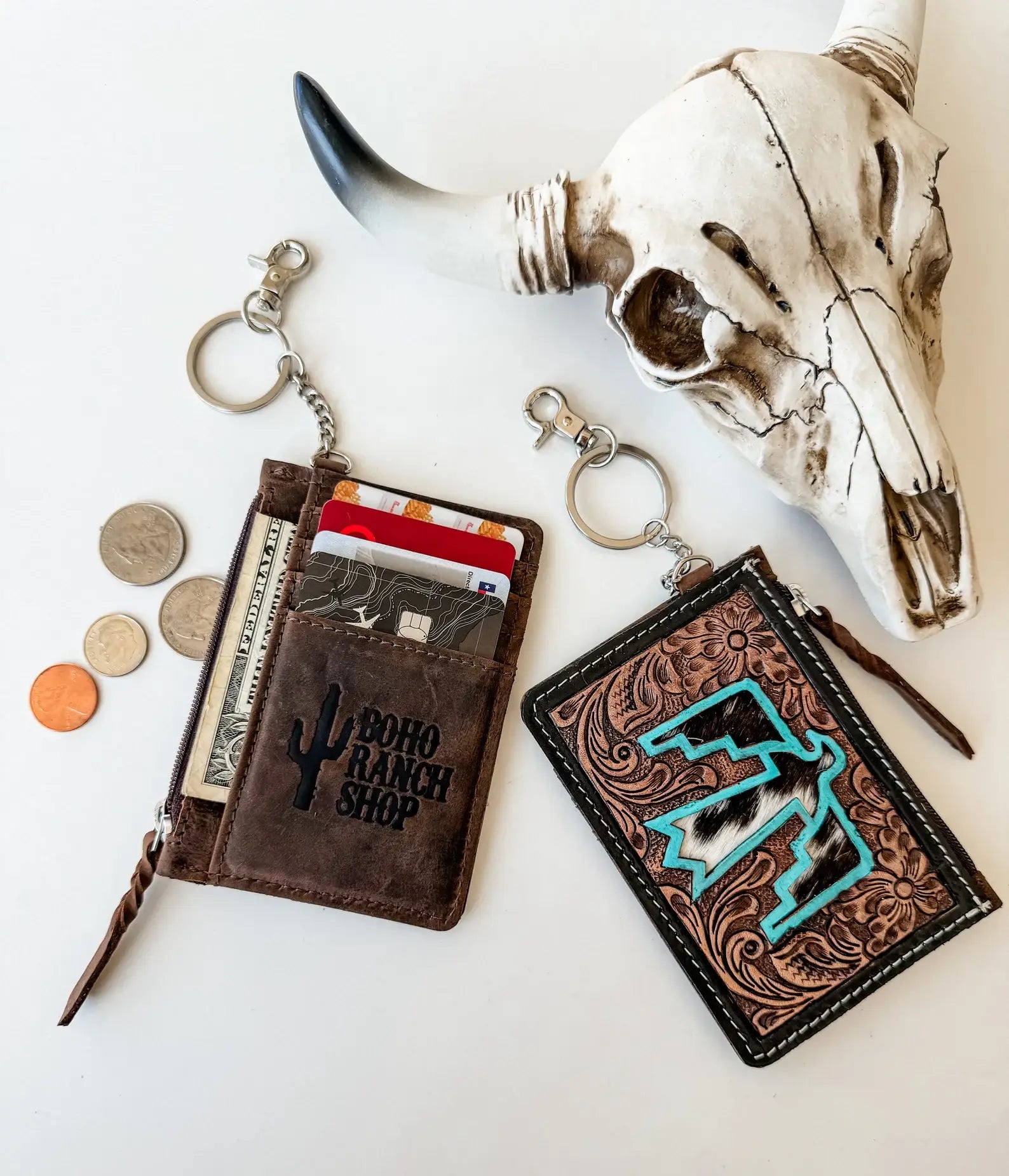 Western Cowhide Leather Keychain Wallet with Thunderbird